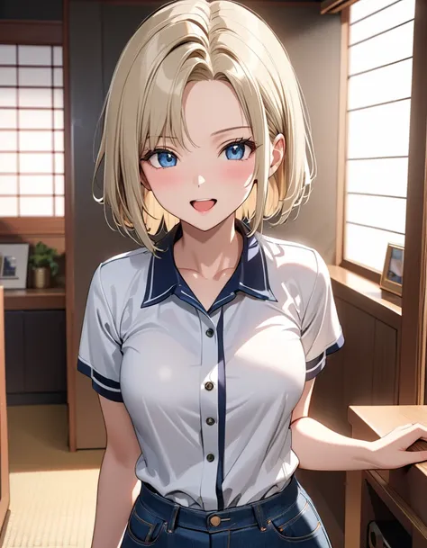 ( Japanese anime style ),  cute, ( android１８Number:1.5),  Cowboy Shot , Married Woman, excited, masterpiece:1.5, masterpiece, highest quality, UHD, retina, masterpiece, accurate anatomy, super detailed, high quality, best quality, 8k