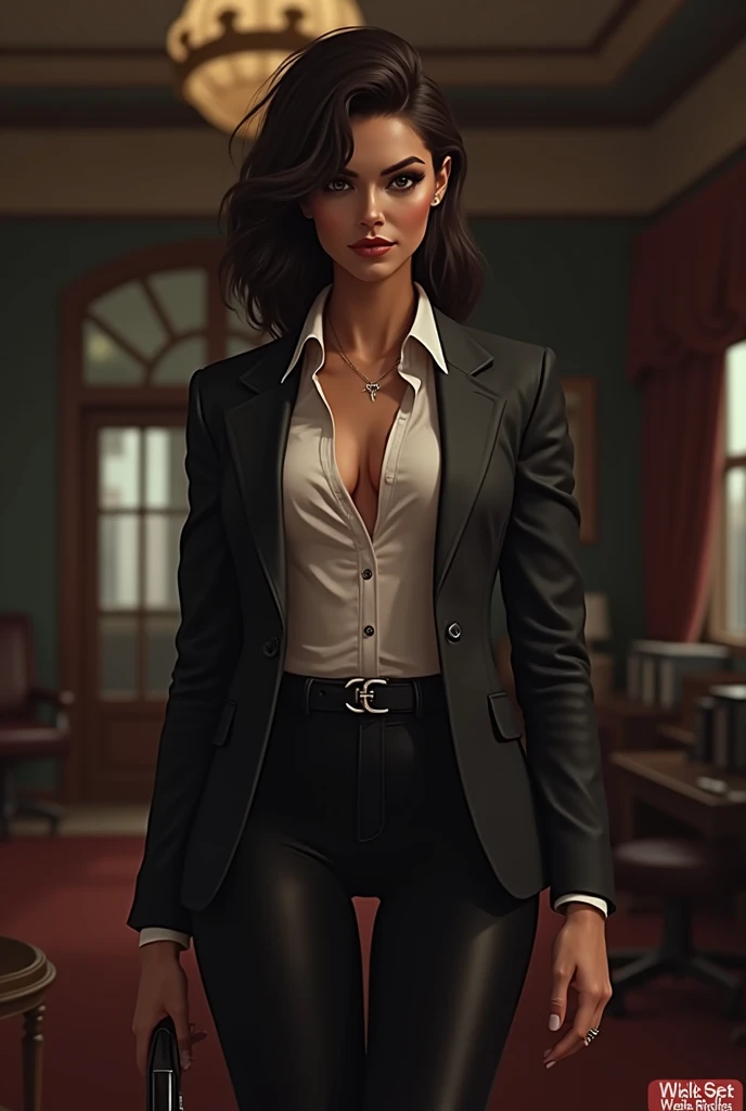 female White Americanan Mafia Boss , open jacket, unbuttoned suit, office formal shirt TUCKED in skintight black pants and black buckle belt on her stomach, skinny legs, slim waist,