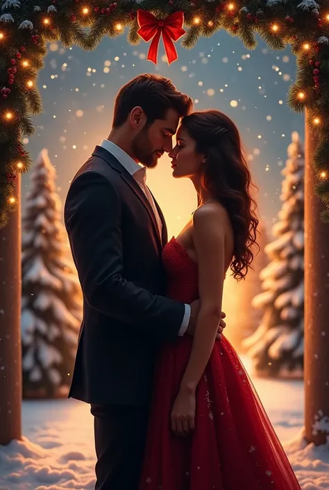  A book cover, Romantic Christmas , where there is an attractive couple under a mistletoe with their backs against each other,  should not be illustrated , It must be real 