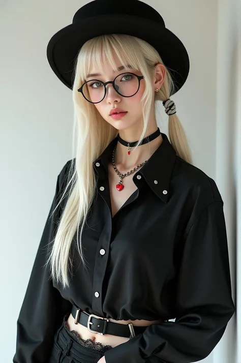 white skin, yellow hair with 
white skin, blonde hair with bangs with two ties  , black blouse with minimal white details all over the blouse, black glasses, black short shorts, long black socks with lace, necklace with a red pendant,  black hat half sidew...