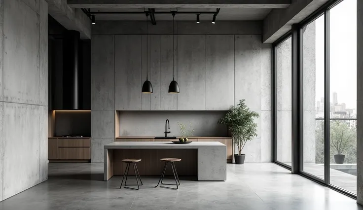 "A sleek, empty modern loft with an industrial vibe, featuring exposed concrete walls, black metal accents, and a polished cement floor."

