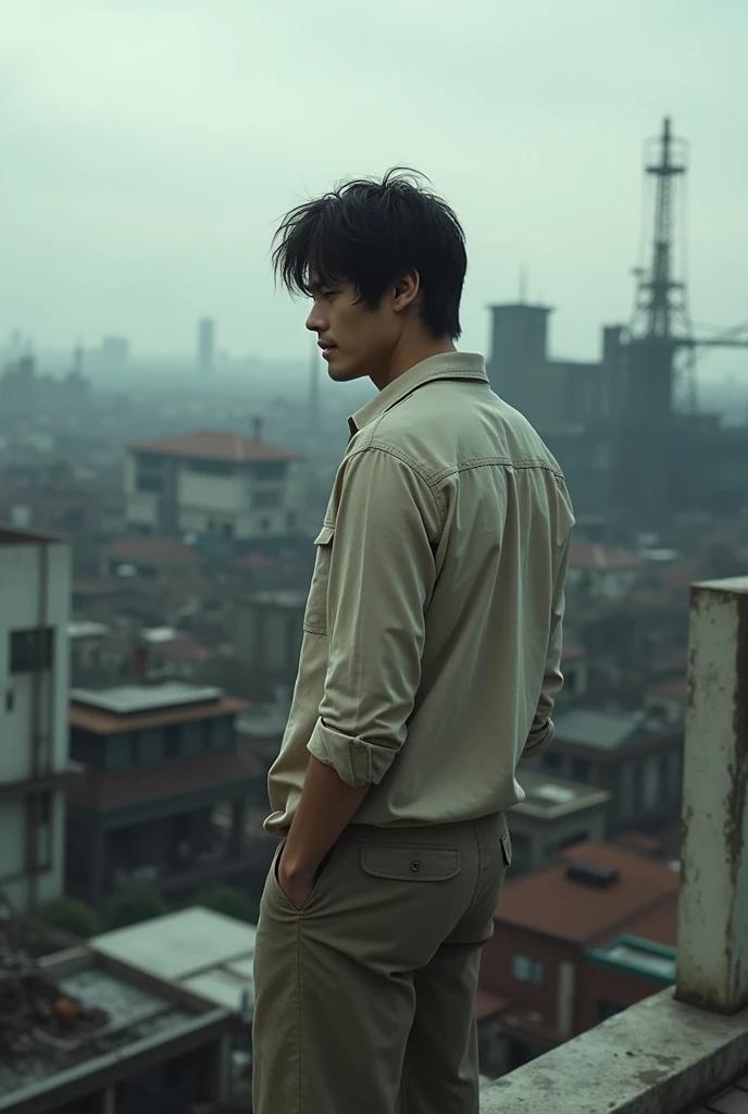 live-action、 real、 Handsome Man 、Kou Saito、 unkempt hair、 washed shirt、crease chinos 、Overlooking Gunkanjima from the roof of the building
