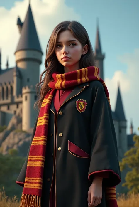 A Gryffindor student girl, ready to face the challenge, standing straight and firm.  3D art style 