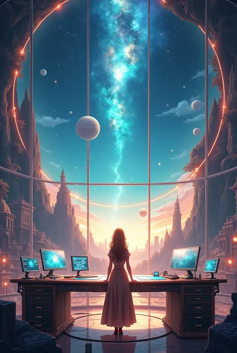 Anime style. The room of everything, overlooking the universe. A chair and A desk beside it holding all the eternal projects. A woman with light brown hair stands at the desk looks at the projects. She is the creator of everything. She wears a brown dress....