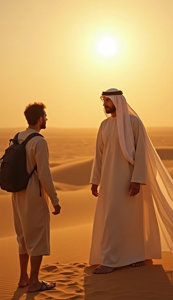 A Mystical Encounter:
"A scene of Sheikh Hamdan unexpectedly helping a traveler in the middle of a vast desert. The traveler looks astonished as the Crown Prince, dressed in simple yet elegant attire, offers assistance. The setting sun casts long shadows, ...