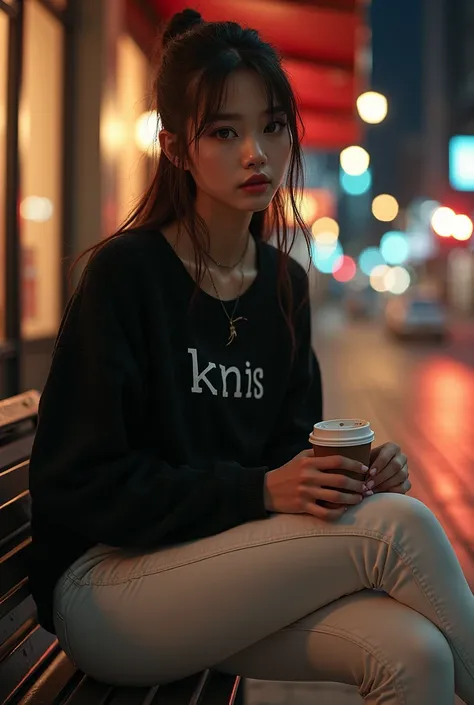  Beautiful 25 year old Asian woman with long hair straight brunette blown in the wind tied up in the back neatly,wearing a black switer  , written "KNIS ",wearing a necklace,wearing long tight white jeans tattooed calf section , Watched , light green shoes...