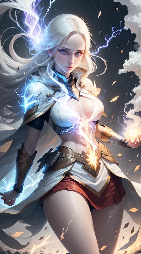 1Beautifulwoman，(white skinned)， firestorm, lightning in hand, a skirt,glowing light eyes，Light in Eyes