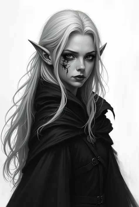  Make me a picture of a half-elf .  This should be very beautiful and Nordic ,  have light blond very straight hair .  In addition, part of the left side of the face - starting from the cheekbone - should be marked by an ugly burn.  The left ear should loo...