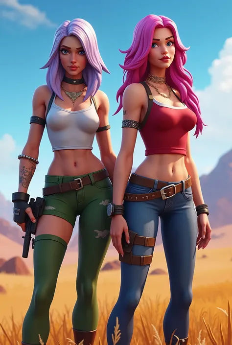  two Fortnite , fortnite style, Ruby, Aphrodite,  one with lilac and pink hair,  wide hips , Waist ,  Blue Eyes,  tops in various colors and styles ,  womens skins jeans in various colors ,  full body back , VERY tight clothes , Punched in the Greek ,  cam...