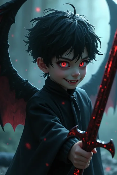 A boy with demonic power, holding a demon sword, black hair, black eyes, wings, and darkness, Tamil black dragon, hairstyle, closed eyes, 1 side, red eyes, smile of the feet of the yoke.