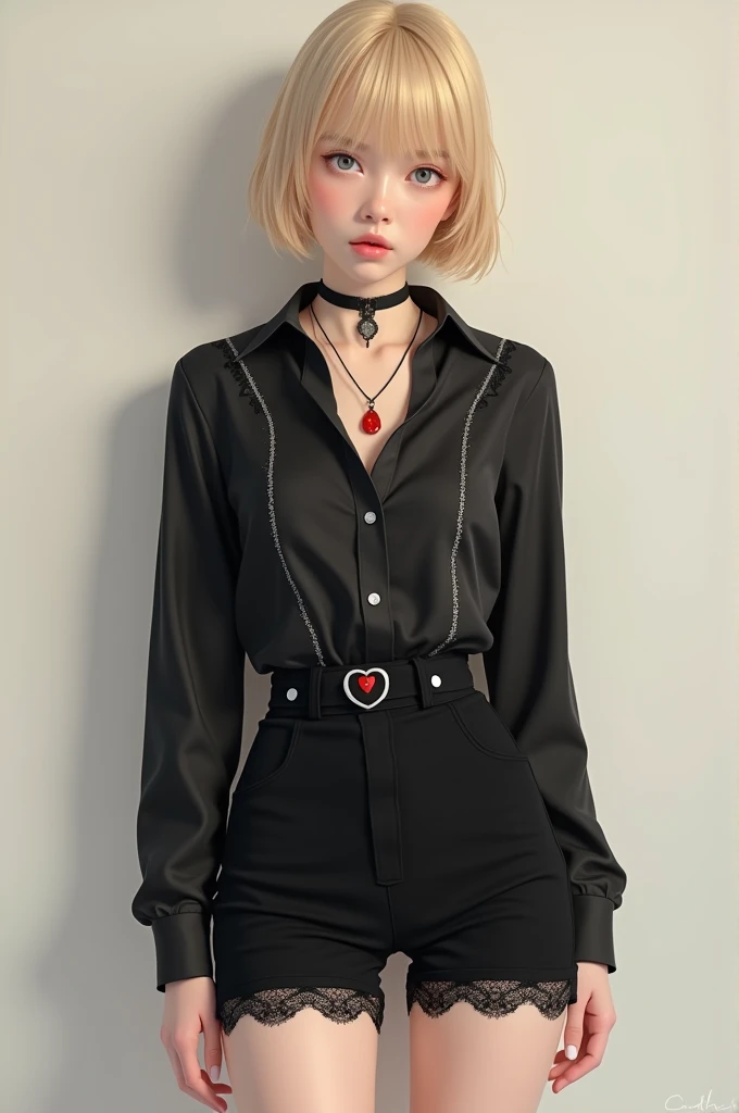 white skin, yellow hair with 
white skin, blonde hair with bangs with two ties  , black blouse with minimal white details all over the blouse, black glasses, black short shorts, long black socks with lace, necklace with a red pendant,  black cord black bel...