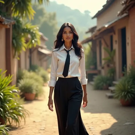 A beautiful Indian woman wearing a white formal shirt, black tie, and black trousers, walking village 