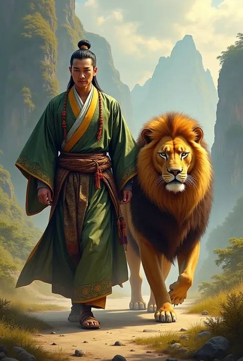 A handsome and handsome Asian man walks side by side with a lion