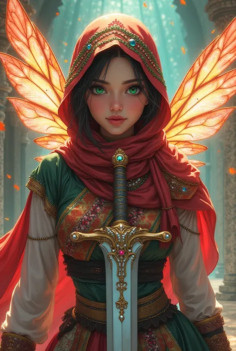 Anime Art, Adult Female, Anime Face, Fairy, Gitter Wings, Hijab, Fairy Hijab, very colourful Clothes, No Hair just Hijab with Rhinestones, crown , moroccan background, halal clothes, with wings, fairy wings , glitter Wings, besutiful anime art, only 1 girl...