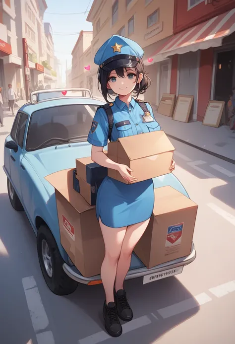 1girl, Courier service uniform, Carrying cardboard boxes on a cart, Residential Street, smile, heart, 