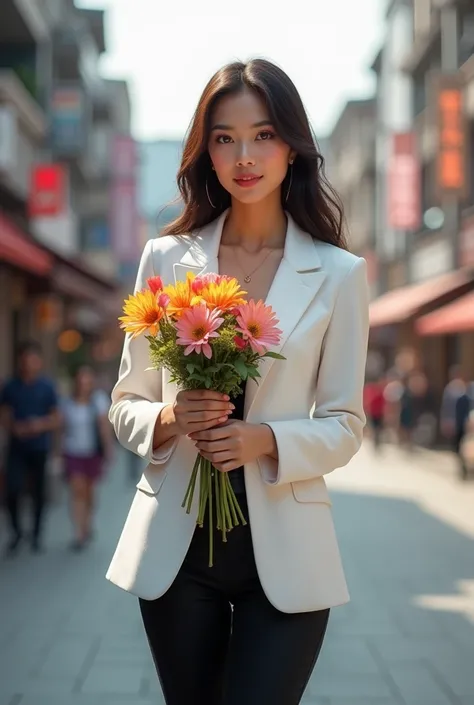 Make a beautiful Indonesian girl , wearing a white jacket black pants was on the street carrying flowers