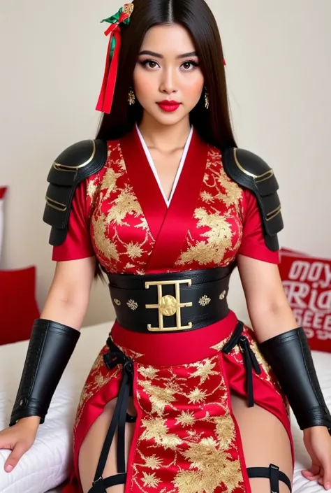 The female samurai character wears a form-fitting, she is wearing samurai shoulder pads, crimson kimono adorned with intricate gold and silver embroidery, lying on the ground, depicting traditional Japanese motifs interwoven with festive patterns. Her obi ...