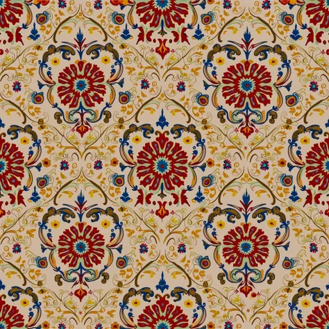 A richly patterned fabric featuring intricate paisley motifs in vibrant colors, including reds, blues, and golds, set against a warm beige background. The design includes floral elements and geometric shapes, creating a lush and ornate visual texture.

