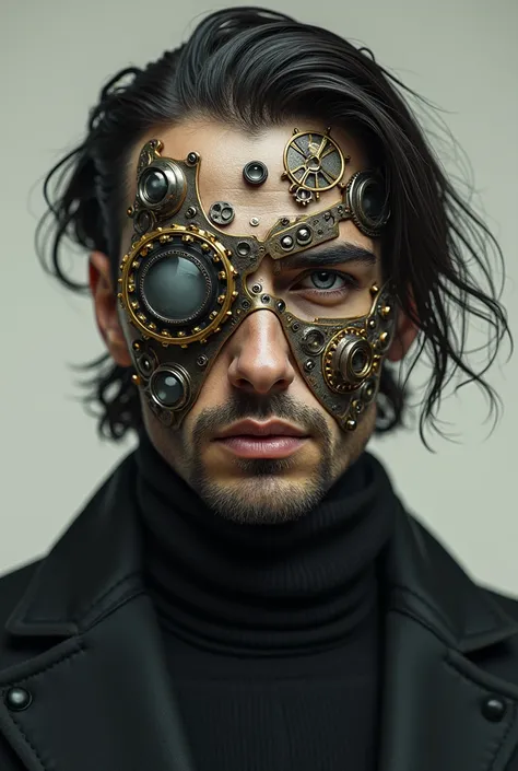 portrait of a European man ,  face consists of cyberpunk mechanical parts + steampunk,  hair on head 