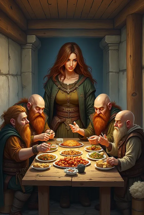 Short story drawing of dwarves eating together with a big girl 