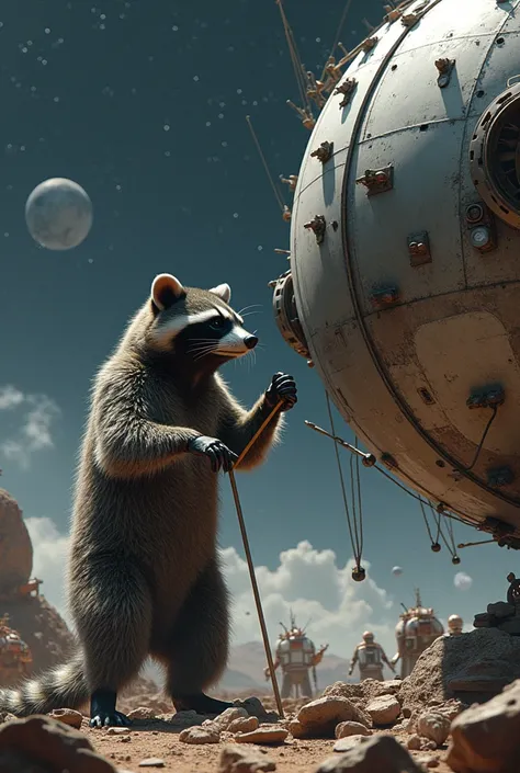 A humanoid raccoon building a Dyson star in space 