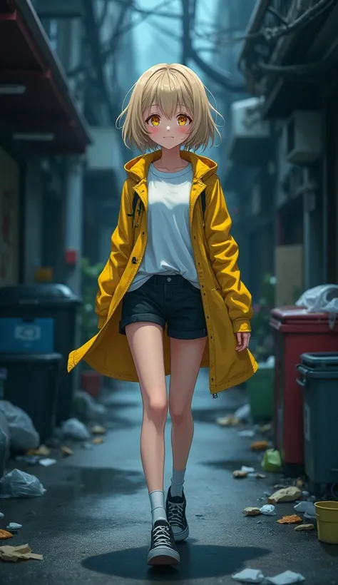 masterpiece,  top quality,  high definition ,  very detailed,((( blonde pretty girl))), ((( Japanese anime ))), ((( short hair))), ((( white t-shirt))), ((( yellow raincoat ))), (((Black shorts))), (((White socks))), ((( black sneakers ))), (((In a modern ...