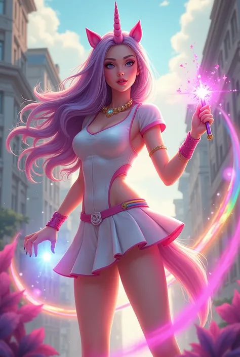 make me a female superhero with unicorn powers, wearing a stick and white, pink and rainbow clothes, with a skirt, The girl is  ,with short sleeves,closed clothes, unicorn rainbow power superhero ,long hair ,her clothes are short white dress, unicorn magic...