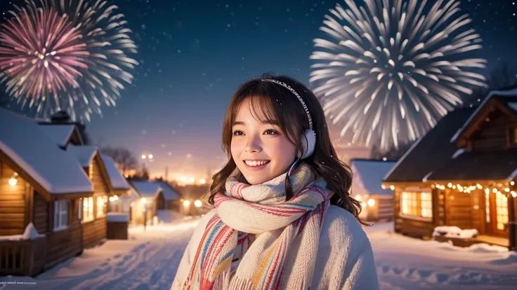 8k, RAW photo, best quality, masterpiece:1.2), (realistic, photo-realistic:1.4), (extremely detailed 8k wallpaper).A beautiful girl standing in a snowy field on New Year’s Eve, surrounded by a magical, serene winter landscape. She is dressed warmly in a so...