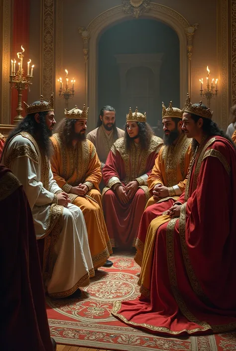 A group of men and women in royal robes sit on the floor and get together talking in a room discussing a bad thing with each other 