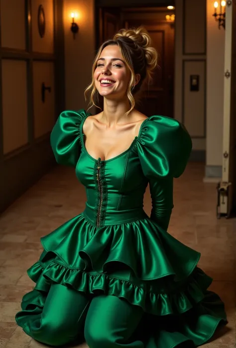 (realistic photograph close up victorian) (sideways birds eye view), (a big bust slender waist pleased beautiful orgasm looking kneeling hot lady with (messy hair bun)), (she is wearing (an exaggerated elaborate shiny green silk round neck dress with (long...