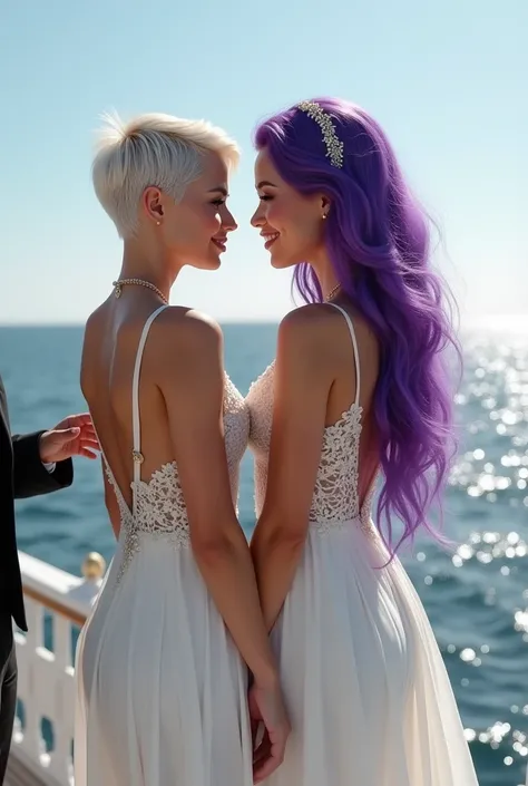 2 Very attractive caucasian females, 1 with with  short pixie cut platinum blonde hair, aged 27 years, the other Kenna James with long bright purple hair, wearing long tight white dresses, getting married by a ships captain