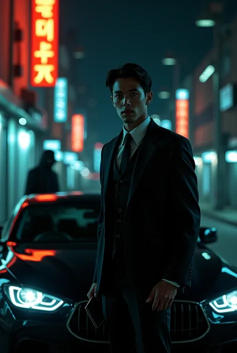 Dark ,  mysterious street to Seoul at night ,  illuminated by the light of street lamps and neons .  The street is empty ,  creating an eerie ambience .  In the foreground stands a handsome and charismatic man next to a black luxury car,  dressed in a tail...