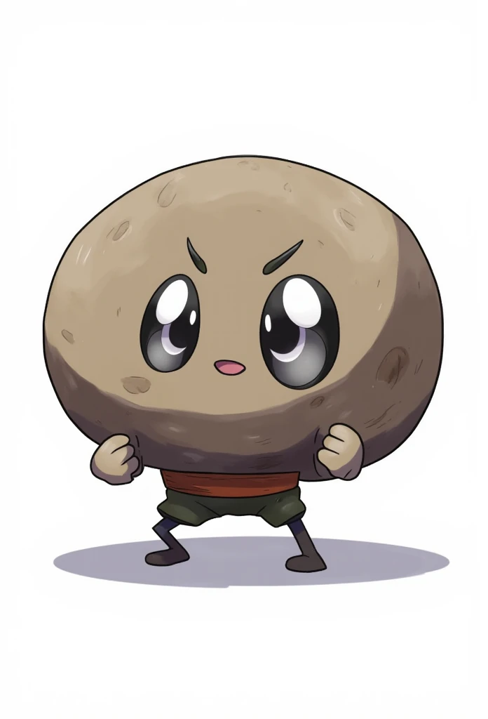 A fighting type inspired by rock lee, a pebble who punches, pebble, white background, cute, extremely cute, huggable