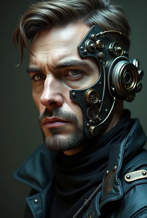 portrait of a European man , the face consists of mechanical parts ((( Cyberpunk))) + steampunk, 