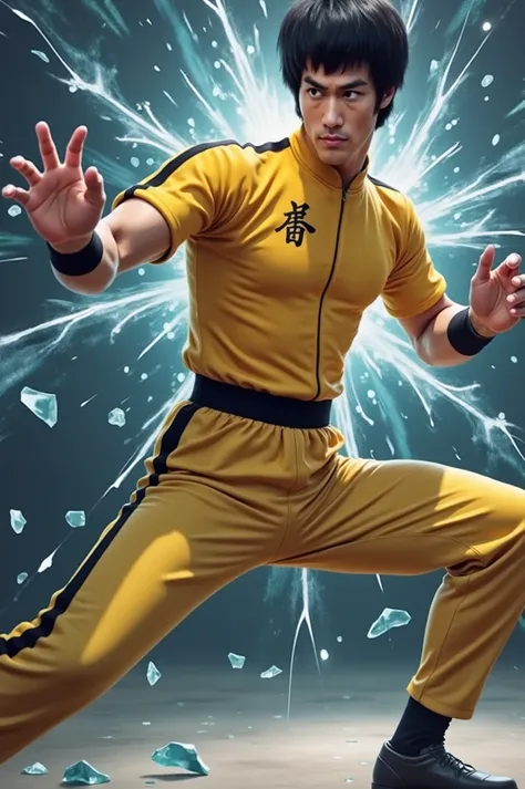 Image is a digital artwork featuring a dynamic and stylized portrayal of Bruce Lee in an action pose. The subject is a male with short black hair, wearing a yellow and black tracksuit with a Chinese character on the chest. His skin tone is light, and his f...