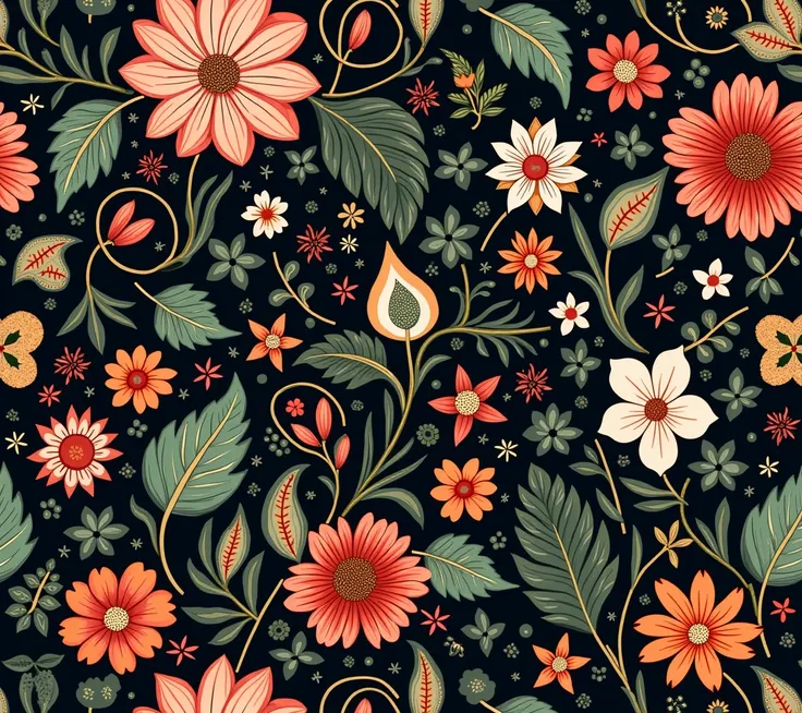 A richly colored floral and paisley pattern featuring deep reds, muted greens, and cream tones. The design includes various stylized leaves, intricate floral elements, and swirling motifs, set against a dark background, creating a vibrant and elegant aesth...