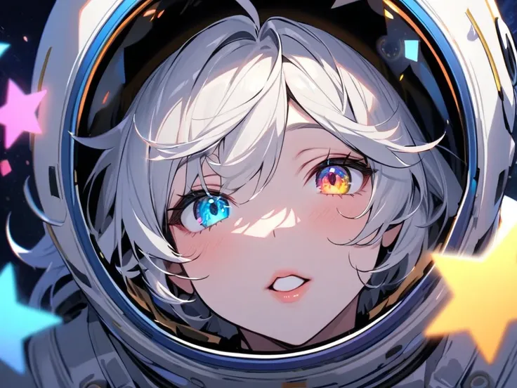  close up of a better masterpiece：1.5)0.9]、(Space and astronauts：1.2) (Disheveled silver hair：1.1) (Heterochromia and Yellow and Blue Eyes：1.2) ( space helmet：1.0) (Colored stars in the eyes：1.0) (Shining Light：1.1) (Thick lips：0.9)