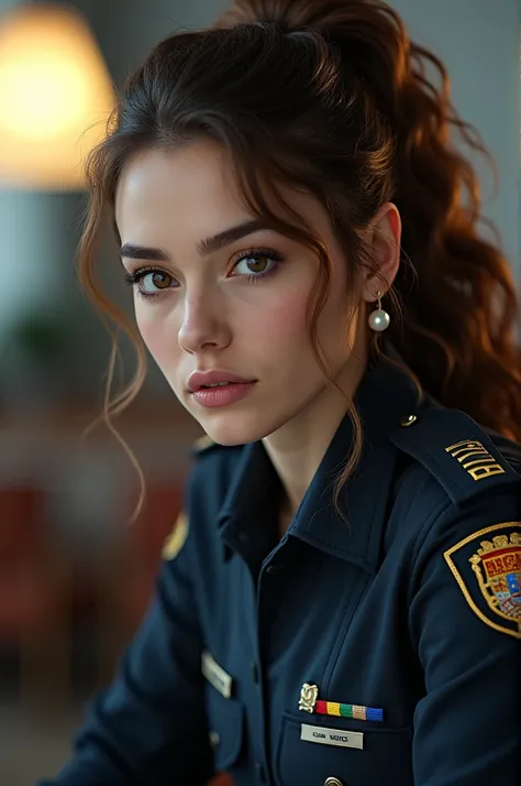 Spanish national police girl with long curly brown hair in a ponytail sitting with pearl earrings 