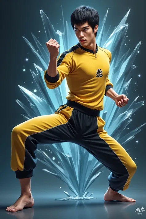 Image is a digital artwork featuring a dynamic and stylized portrayal of Bruce Lee in an action pose. The subject is a male with short black hair, wearing a yellow and black tracksuit with a Chinese character on the chest. His skin tone is light, and his f...