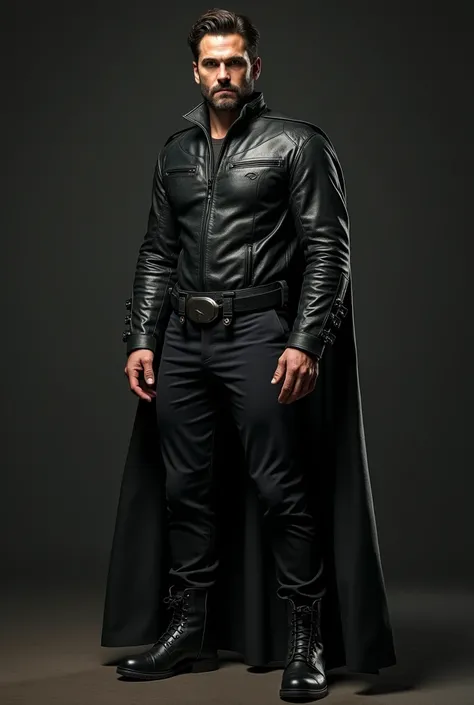 Bruce Wayne, with a shield , Ben Afflecks face ,  is wearing a leather jacket and black pants and ankle boots ((without a shield ))