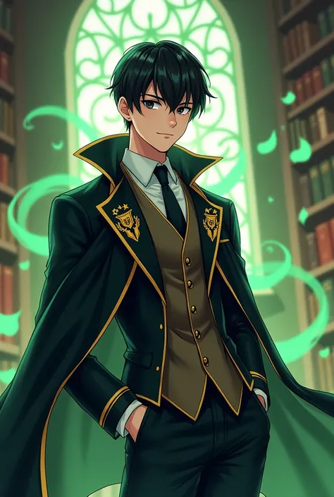 This is an anime image of a man wearing a school uniform from a magical academy. He has fair skin, undercut black hair, and black eyes. He is dressed in a black cloak with golden trims and an emblem representing a magical school. He also wears a vest and a...