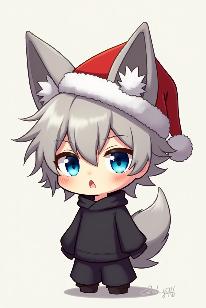 short boy with bluish eyes, short gray hair, cute pose, cute face, little wolf ears, black clothes, big eyes
Santa hat with a pointy expression