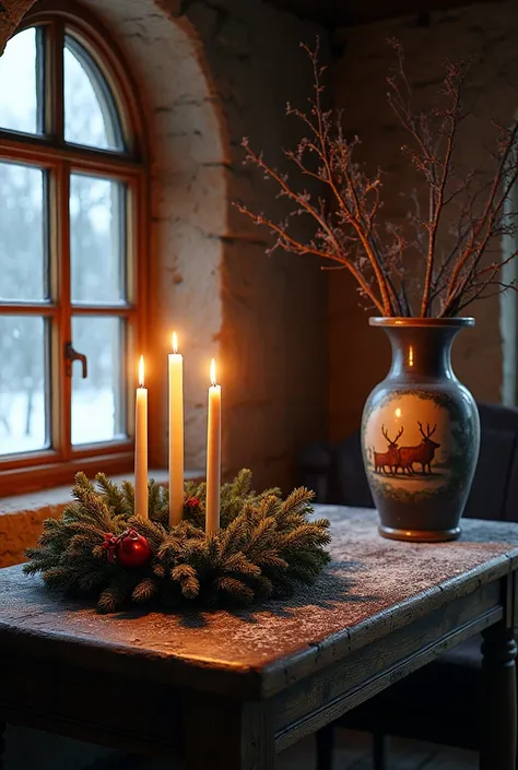 ( masterpiece,  highest quality ,  highest image quality,  high resolution,  photorealistic , Raw Foto, extremely detailed 8K image. A medieval room at Christmas . There is a Christmas wreath on the old wooden table with 3 candles burning .   When you look...