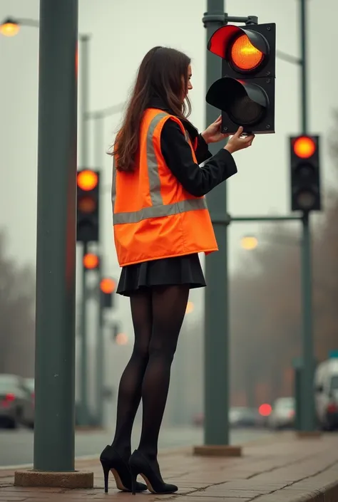 A photo of a slender 25-year-old girl dressed in an orange travel vest, mini-skirt, black tights, and high-heeled shoes. She is replacing a light bulb in a traffic light section. The background contains various traffic light poles. The overall image has a ...