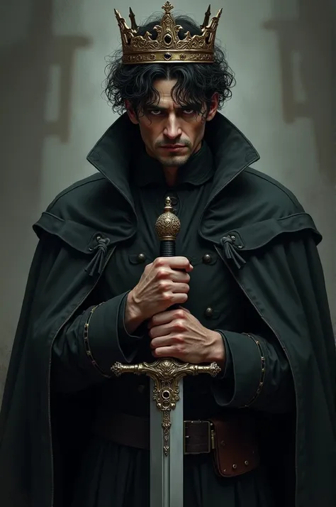  A man with curly hair and sleepy eyes and dressed like a noble in black. And also carried a sword and used a crown on his head 