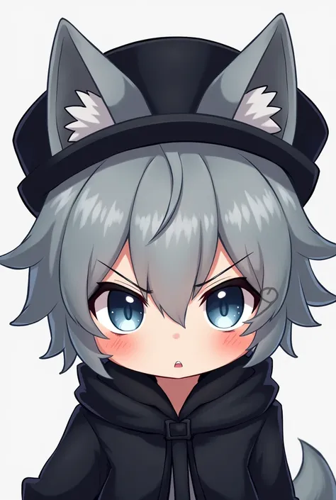 short boy with bluish eyes, short gray hair, cute pose, cute face, little wolf ears, black clothes, big eyes
Black hat angry