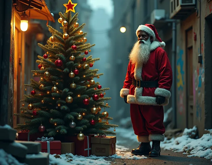 ghetto christmas tree on the street in an alley and bearded black santa claus