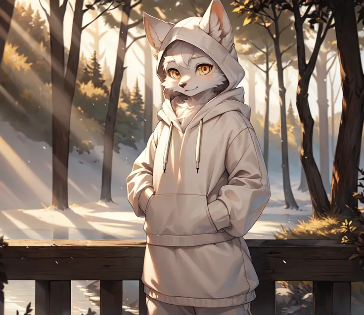 A highly detailed, photorealistic, masterpiece portrait of a beautiful white arctic fox with fluffy fur, pale skin, golden eyes, and grey ears, wearing a hoodie, standing on a bridge in a forest, with a complex natural background, focus on the characters f...