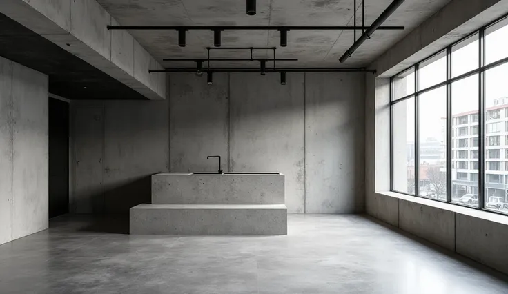 "A sleek, empty modern loft with an industrial vibe, featuring exposed concrete walls, black metal accents, and a polished cement floor."
