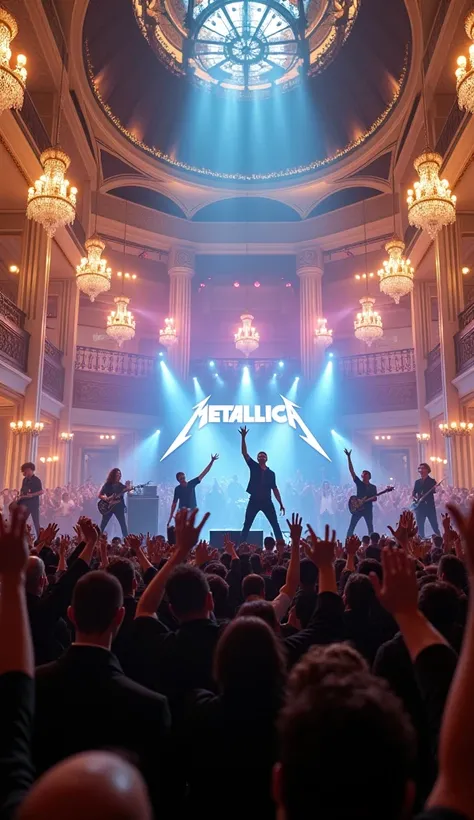 (photorealism:9.16),  A lively concert scene featuring live performances of the band Metallica in the center of the malls grand and luxurious atrium.  The atmosphere includes magnificent chandeliers , gold and marble details ,  and the stage is decorated w...